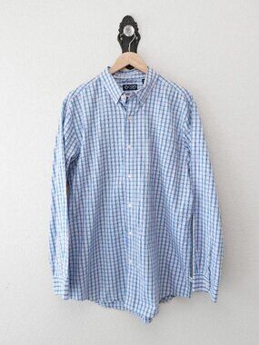 Chaps Plaid Button Up Shirt Mens Large Blue Pink Cotton Long Sleeve Casual
